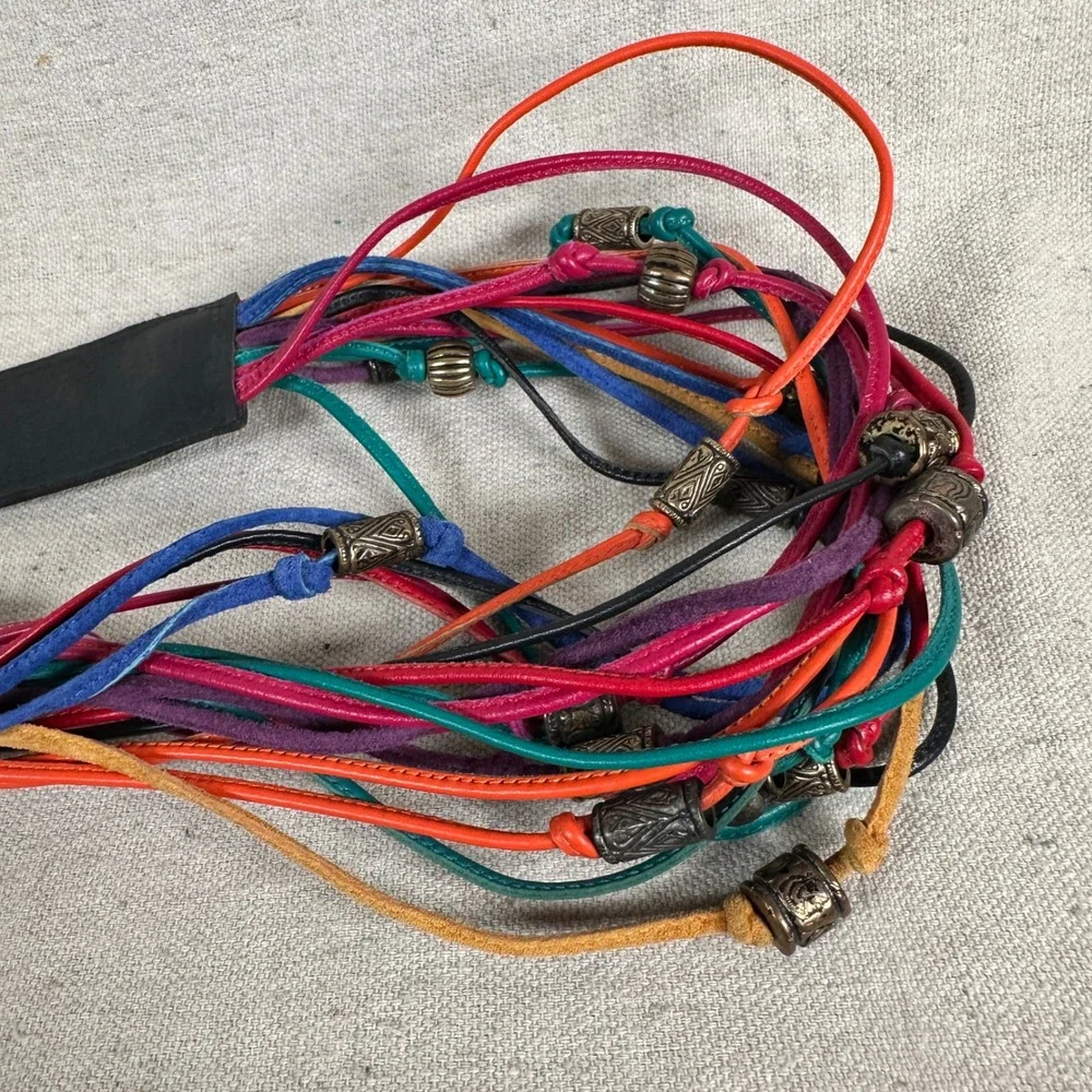 80s‎ vintage statement Multi Leather Cord Bead Belt Black Multi Rainbow Boho